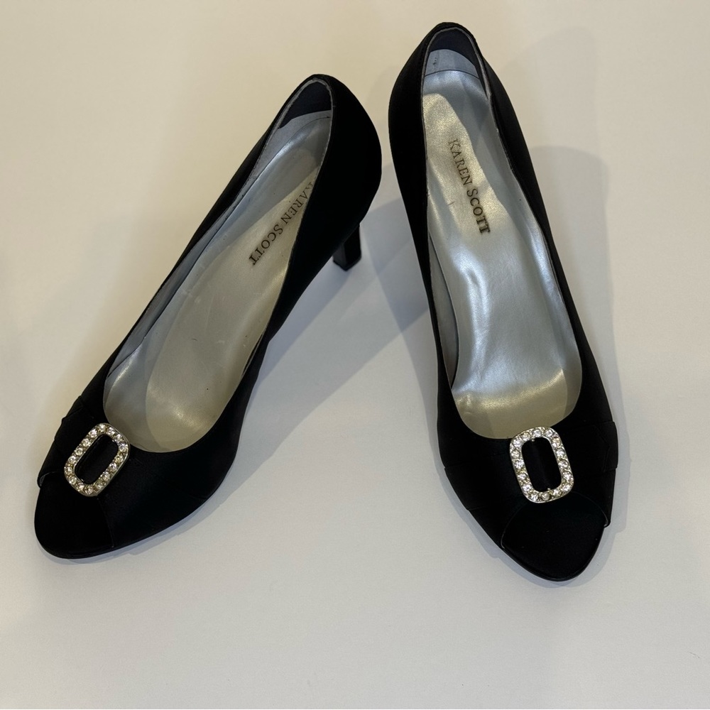 Karen Scott Black Satin Open Toe Heels with Rhinestones